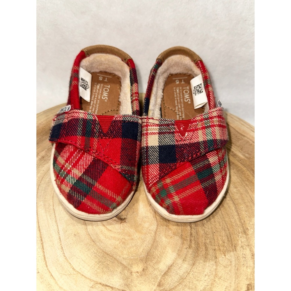 Toms Toddler Girls Red Plaid Fleece Lined‎ Slip On Shoes Size 5